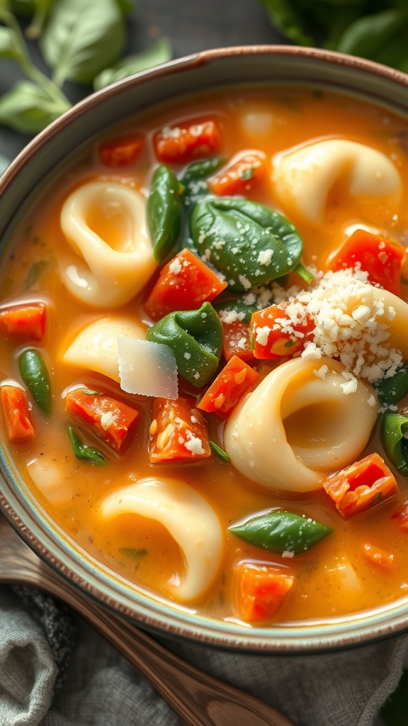 A bowl of creamy cheese tortellini soup with tomatoes, spinach, and Parmesan cheese, displayed with a wooden spoon.